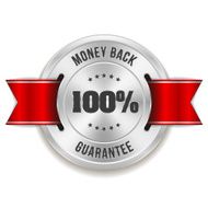 Silver money back badge with red ribbon