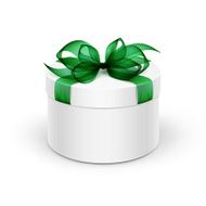 White Round Box with Green Ribbon and Bow Isolated