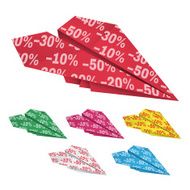 Set of colored paper airplanes with percent discounts