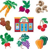 produce department at the grocery store icon set