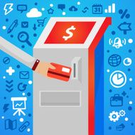 Bright vector illustration male hand holds bank card near atm