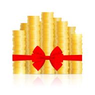 Columns of coins and red bow