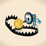 Businessman holding magnifier bear trap with money (Euro sign) bait