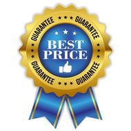 Blue best price badge with gold border and ribbon