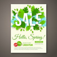 Spring Sale flyer design with green leaves Vector illustration