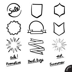 Vector Badge ribbon and sunbeam in doodle style N2