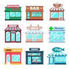 Store and shop buildings flat icons set N2
