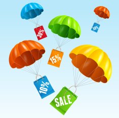 Vector parachute with paper bag sale in the sky