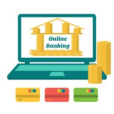 Online banking Bank of gold coins on the laptop monitor