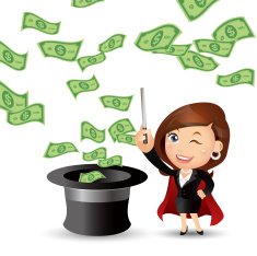 Magician Businesswoman with money from the hat