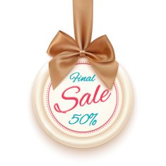Final sale badge with golden ribbon and a bow isolated