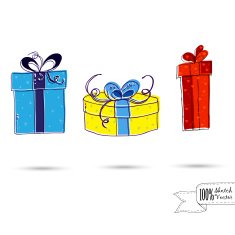 Holiday card with three gift boxes and bows