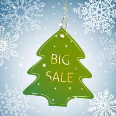 Christmas tree sale tag on a snowy background N2