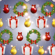 New year pattern with tree toys gift ribbon and wreath N2