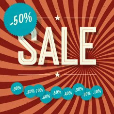 Sale retro poster Template with textured sunburst background an