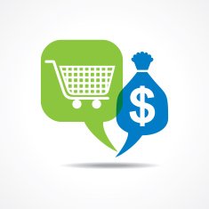 Shopping cart and dollar symbol in message bubble