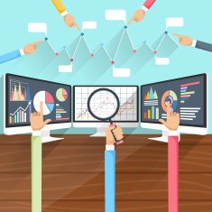 Stock Exchange Rates on Monitors with Hands