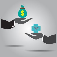 hand exchanging money and health vector icon