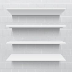 Four white realistic shelves against brick wall