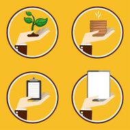Hand icon holding with tree tea cup note tablet