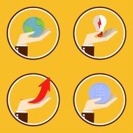 Hand icon holding with world light bulb arrow coin
