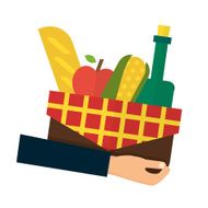 Food delivery online order Hand holding basket with products Flat