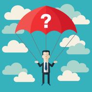 Confused business man with parachute and question mark Businessman fail N2