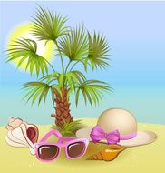summer holiday background with palm hat shells and sunglasses N2