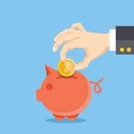 Hand put coin in piggy bank Savings investment flat illustration