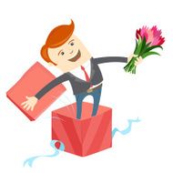 Man in big gift box with bunch of flowers N2