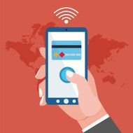 Mobile payment concept Man holding phone Flat style N2