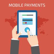 Mobile payment concept Man holding tablet Flat style