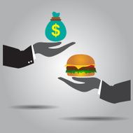 hand exchanging money and hamburger vector icon