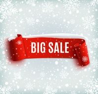 Winter sale background with red realistic ribbon banner and snow