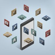 Isometric smartphone with Web Icons emerging and floating around