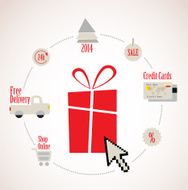 present With E-Commerce Icon Around Online Shopping