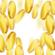 Falling gold shiny coins on white background