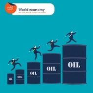 Businessmen climbing up an oil barrel&#039;s chart
