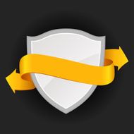 Promotional badge with colored ribbon on dark background