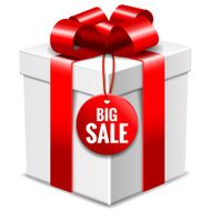 Big white gift box with red bow and sale tag N2