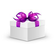 White Box with Purple Ribbon and Bow Isolated on Background
