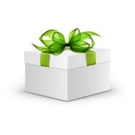 White Box with Green Ribbon and Bow Isolated on Background N2