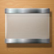 Vector frosted glass plate with metal holders on wooden background