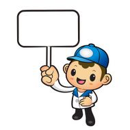 The Blue Delivery Man mascot holding a board