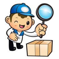 Blue Delivery Man mascot examine a with magnifying glass N2