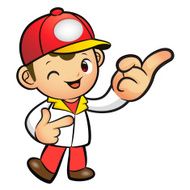 Red Delivery Man mascot the direction of pointing