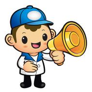 Blue Delivery Man Mascot the hand is holding a loudspeaker N2