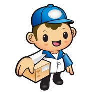 Blue Delivery Man Mascot the hand is holding a Box