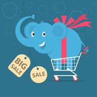 Elephant stands on shopping cart