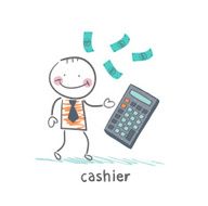 cashier counts money on calculator
